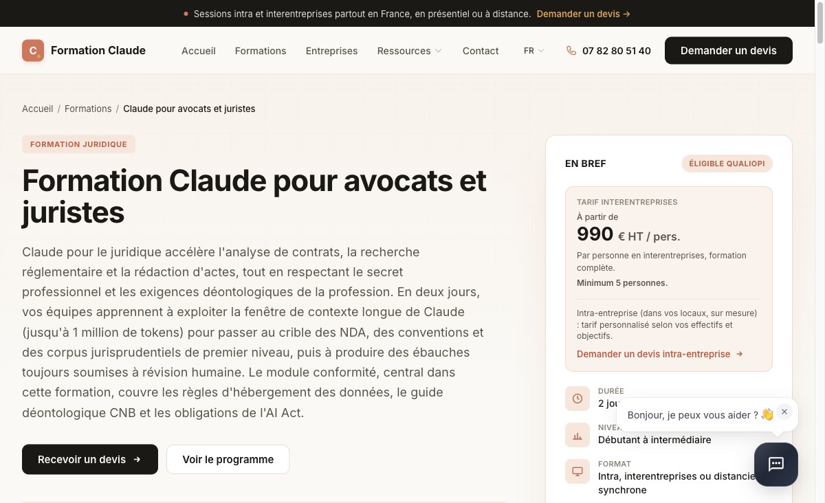 Page de la formation Claude pour avocats et juristes